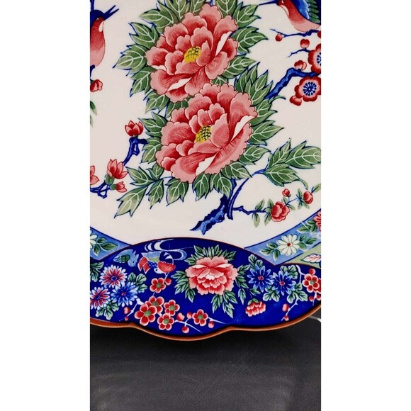 Vintage Blue Bird Rose Floral Scalloped Charger Plate Hirano Made in Japan 12.5" - Picture 7 of 11